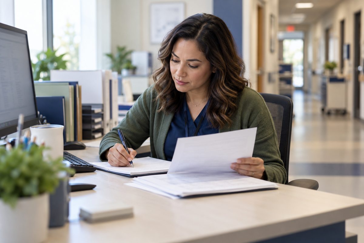 Illustrative scene of an office specialist reviewing billing paperwork at a workstation.