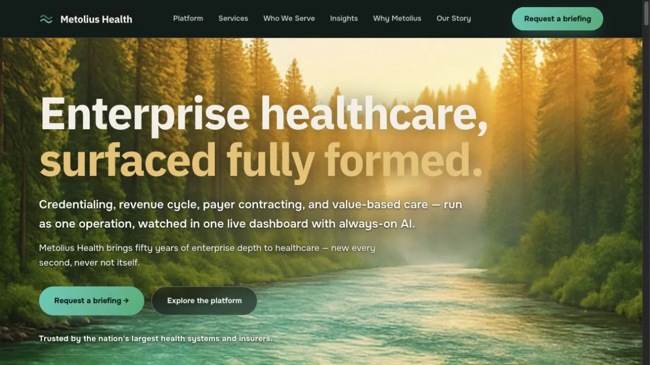 Metolius Health homepage with its forest and river landscape